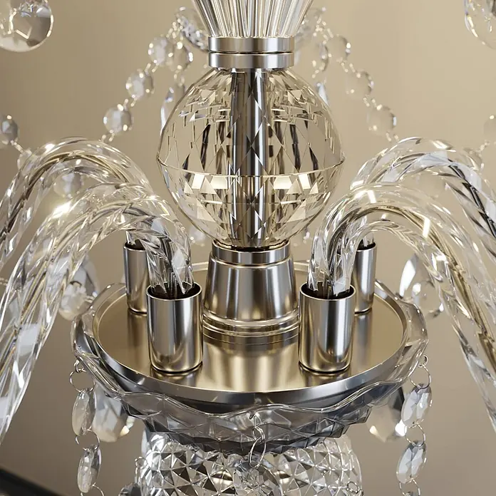 Lindby Kronleuchter in transparent, chrom, Hängelampe Chandelier -  - Nahaufnahme eines luxuriösen Kristallleuchters mit polierten Silbermetallakzenten und kunstvollen Glasarmen.