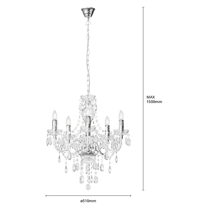 Lindby Kronleuchter in transparent, chrom, Hängelampe Chandelier -  - Kronleuchter aus silberfarbenem Metall und Kristall mit fünf Lichtern und dekorativen Kristallen. Max. Höhe 1500 mm, Ø 510 mm.