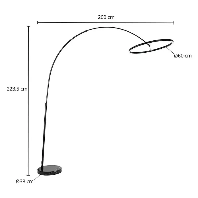 Lucande LED Stehlampe in schwarz, Bogenlampe Wohnzimmer -  - Schwarze Bogen-Stehleuchte mit rundem LED-Kopf und marmoriertem Fuß.