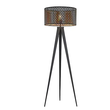 Lindby Stehlampe Dreibein schwarz gold mit Fußschalter, ohne Leuchtmittel