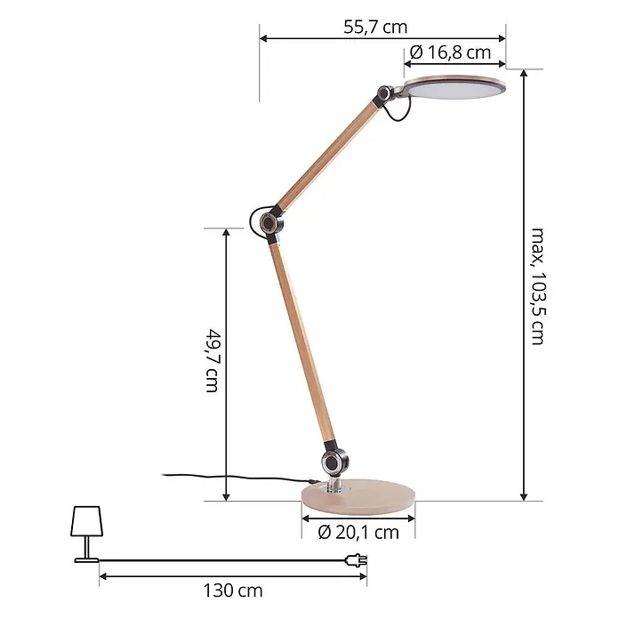 Lindby LED Schreibtischlampe in gold, dimmbar Tischlampe -  - Verstellbare Schreibtischlampe aus Holz mit rundem Fuß, hellen Holzarmen und flachem, rundem LED-Kopf, mit Maßen dargestellt.