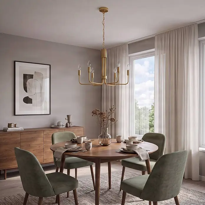 Lindby Kronleuchter in messing, Hängelampe Chandelier -  - Goldener 6-armiger Kronleuchter mit sichtbaren Glühbirnen über einem Esstisch in einem modernen Esszimmer.