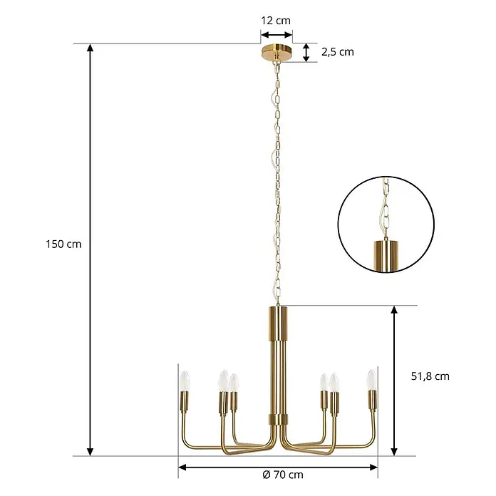 Lindby Kronleuchter in messing, Hängelampe Chandelier -  - Goldener Metall-Kronleuchter mit sechs Kerzenlampen und Kettenaufhängung, Maße dargestellt.