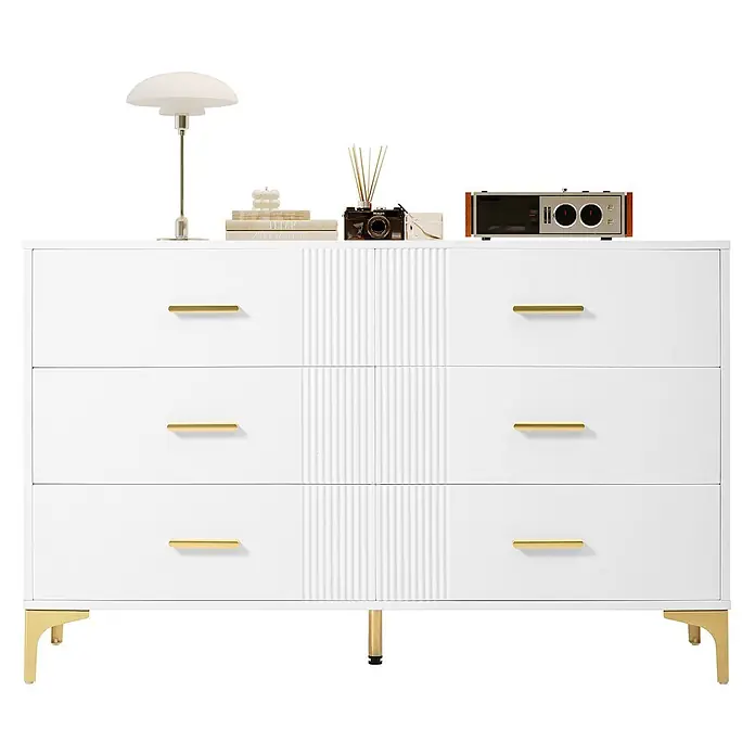SONNENH Kommode, MDF, 120 x 40 cm, Weiß -  - Weiße Kommode mit 6 Schubladen, goldenen Stangengriffen, geripptem Mitteldekor und goldenen Metallbeinen.