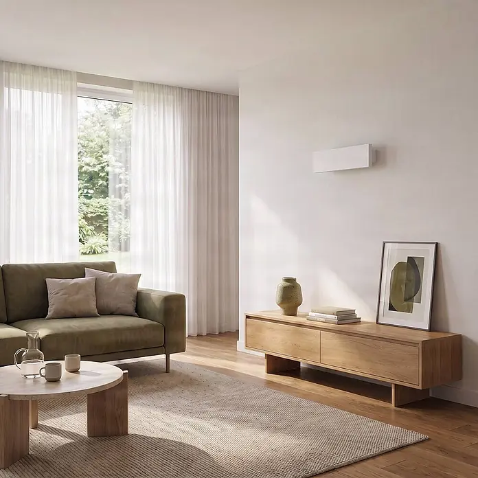 Lindby LED Wandleuchte innen in weiß, up down Wandlampe -  - Weißes Klimagerät hoch an einer minimalistischen weißen Wand in einem modernen Wohnzimmer.