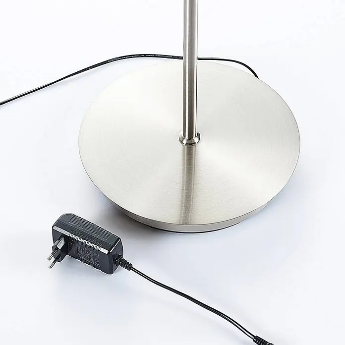 Lindby LED Stehlampe, Deckenfluter dimmbar mit Touchdimmer, warmweiß 3000K -  - Runder Lampenfuß aus gebürstetem Edelstahl mit schwarzem Netzteil und Kabeln.