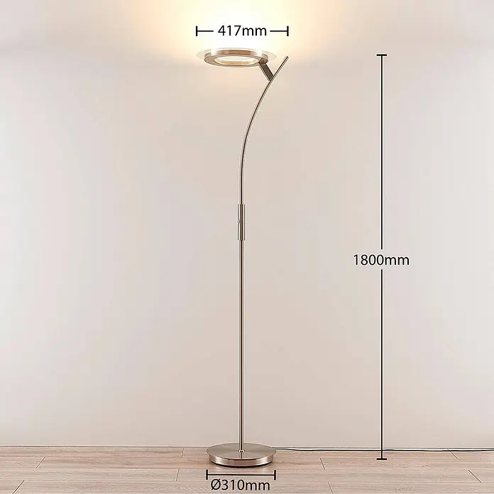 Lindby LED Stehlampe, Deckenfluter dimmbar mit Touchdimmer, warmweiß 3000K -  - Elegante Stehleuchte aus gebürstetem Metall mit rundem Fuß, geschwungenem Ständer und kreisförmigem LED-Uplighter.