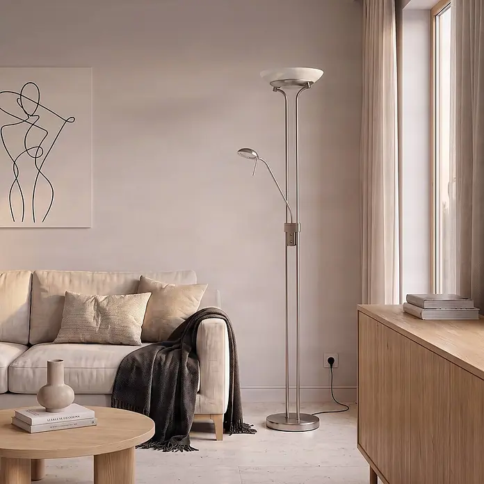Lindby LED Stehlampe Wohnzimmer Deckenfluter dimmbar 183 cm Nickel matt -  - Silberne Stehleuchte mit Deckenfluter und verstellbarer Leselampe im Wohnzimmer.