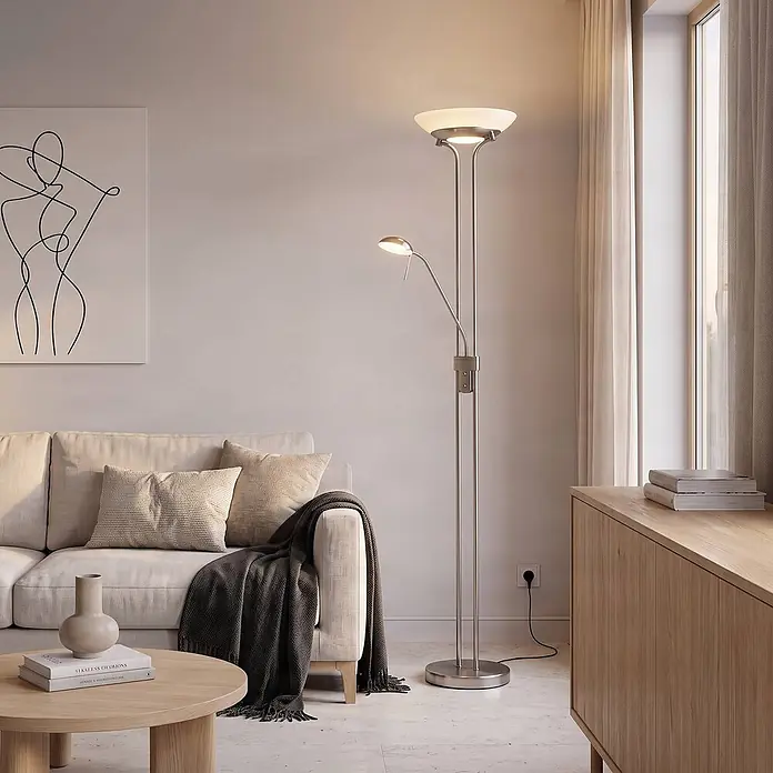 Lindby LED Stehlampe Wohnzimmer Deckenfluter dimmbar 183 cm Nickel matt -  - Stehleuchte aus gebürstetem Metall mit Deckenfluter und verstellbarer Leselampe im Wohnzimmer.