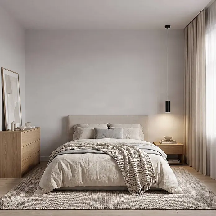 Arcchio Pendelleuchte in schwarz, Hängelampe -  - Minimalistisches Schlafzimmer mit Bett, neutraler Leinenbettwäsche, Holzmöbeln und moderner schwarzer Pendelleuchte. Weiche, natürliche Töne.