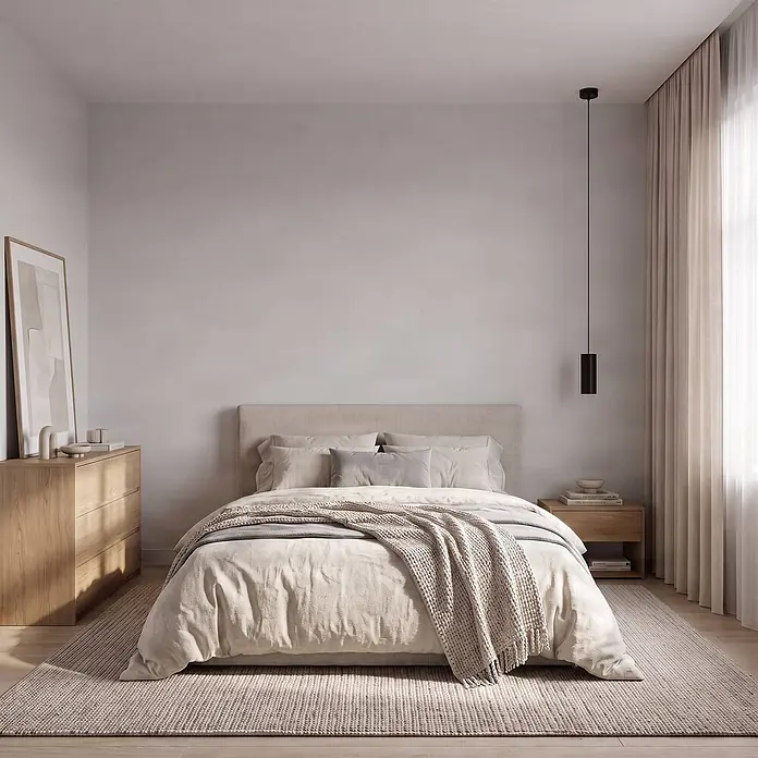 Arcchio Pendelleuchte in schwarz, Hängelampe -  - Ein minimalistisches Schlafzimmer in neutralen Tönen mit Polsterbett, Holzmöbeln und weichen Textilien.