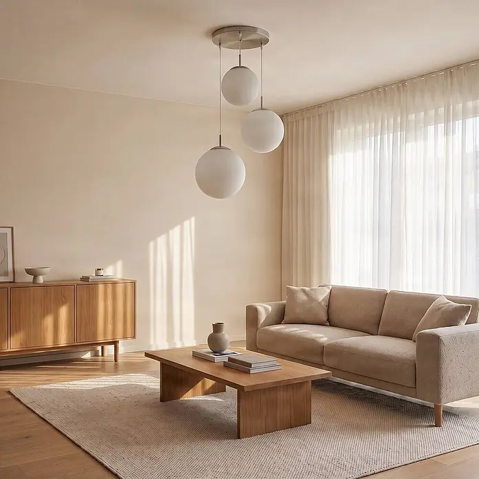 Lindby Pendelleuchte in nickel matt, weiß, Hängelampe -  - Beiges strukturiertes Sofa und heller Holztisch in modernem Wohnzimmer, beleuchtet von drei kugelförmigen Pendelleuchten.