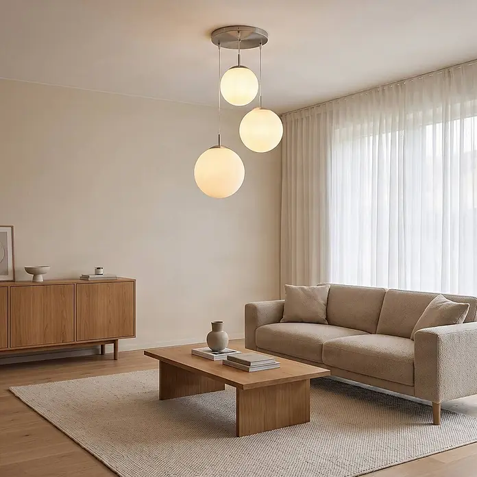 Lindby Pendelleuchte in nickel matt, weiß, Hängelampe -  - Drei moderne Pendelleuchten mit mattierten Glaskugelschirmen hängen von einer Metallplatte und beleuchten ein Wohnzimmer.