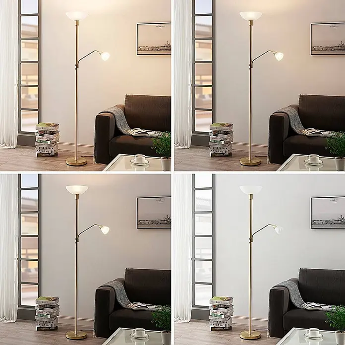 Lindby Stehlampe, Deckenfluter verstellbarer Lesearm, Standleuchte -  - Goldfarbene Stehleuchte mit Deckenfluter und verstellbarer Leselampe, die einen Wohnraum mit verschiedenen Helligkeitsstufen beleuchtet.