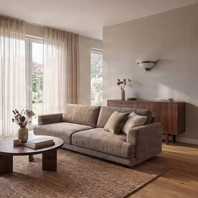 Lindby Wandleuchte innen in weiß satiniert, altmessing, Wandfluter -  - Bequemes taupefarbenes Stoffsofa in einem modernen Wohnzimmer.