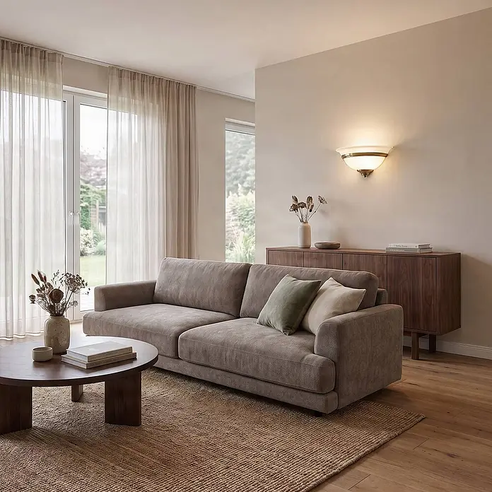 Lindby Wandleuchte innen in weiß satiniert, altmessing, Wandfluter -  - Großes, hellbraunes Polstersofa mit weichen Kissen und Zierkissen, auf einem gewebten Teppich im Wohnzimmer.