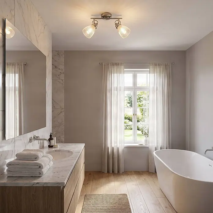 Lindby Wandleuchte innen in nickel matt, transparent, Wandlampe -  - Deckenleuchte aus gebürstetem Metall mit zwei gerippten Glasstrahlern im Bad.