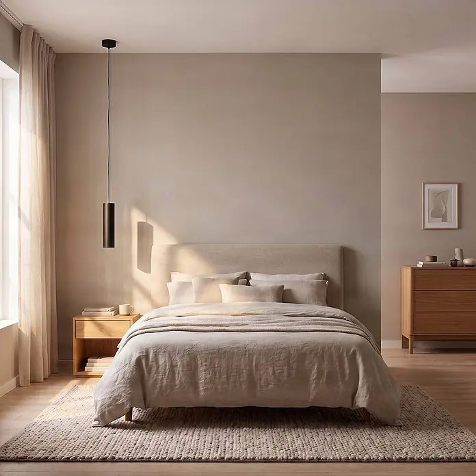 Arcchio Esstisch Pendelleuchte 1flammig, Hängeleuchte 1x GU10, Wohnzimmer -  - Schwarze zylindrische Pendelleuchte über einem Nachttisch in einem minimalistischen Schlafzimmer.