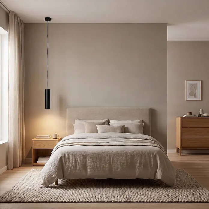 Arcchio Esstisch Pendelleuchte 1flammig, Hängeleuchte 1x GU10, Wohnzimmer -  - Schwarze zylindrische Pendelleuchte beleuchtet einen Nachttisch in einem Schlafzimmer in neutralen Tönen.