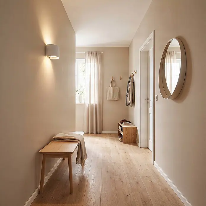 Arcchio Wandlampe weiß, einstellbares Uplight und Downlight -  - Weiße, zylindrische Wandleuchte mit warmem Auf- und Ablicht in einem modernen Flur mit Naturholzmöbeln.