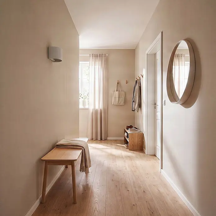 Arcchio Wandlampe weiß, einstellbares Uplight und Downlight -  - Ein heller Flur zeigt eine helle Holzbank, ein Schuhregal mit Schuhen und einen ovalen Spiegel mit Holzrahmen.