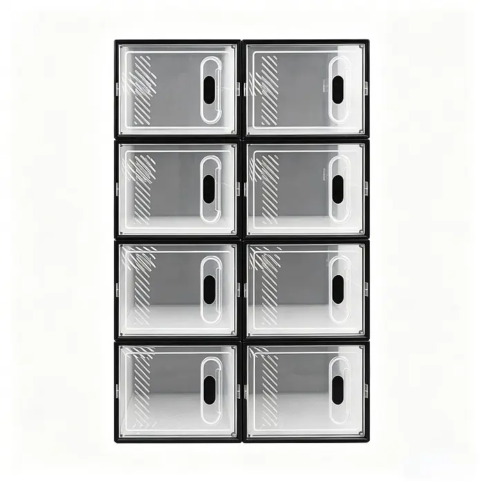 SONNENH Schuhschrank 8er-Set, Kunststoff, 50 x 35.5 cm, Schwarz/Transparent -  - Acht transparente Schuhaufbewahrungsboxen mit schwarzem Rahmen, gestapelt.