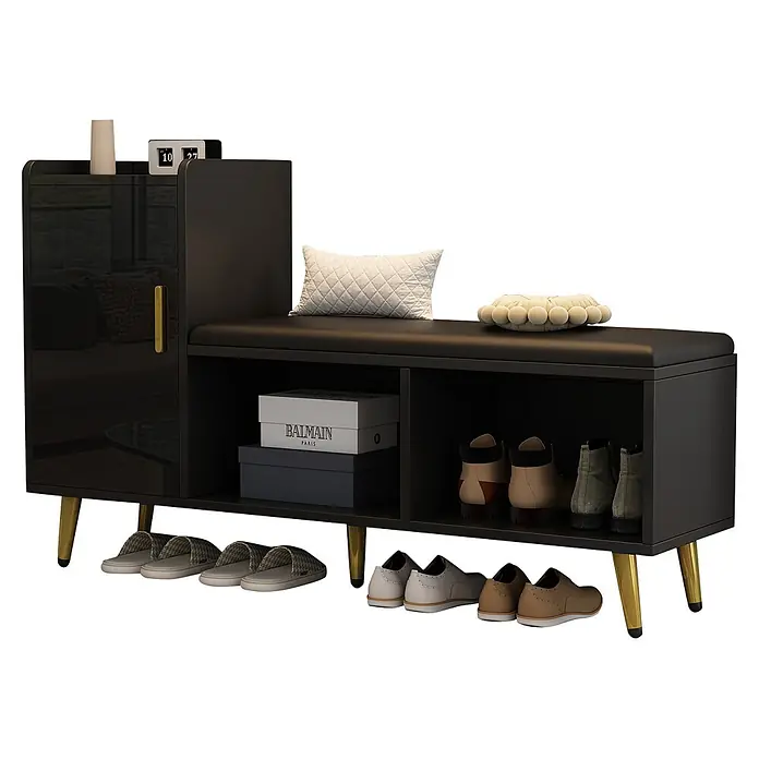 SONNENH Schuhschrank, Spanplatte, 120 x 35 cm, Schwarz -  - Schwarze Schuhbank mit Polstersitz, integriertem Schrank und goldenen Beinen, mit offenen Schuhfächern.