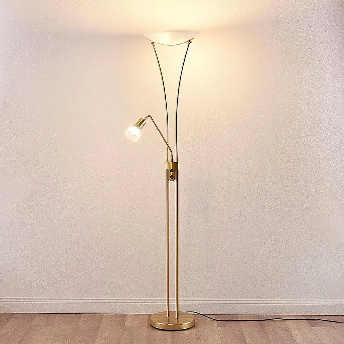 Lindby Stehlampe, Deckenfluter verstellbarer Lesearm, ohne Leuchtmittel -  - Goldfarbene Stehlampe mit Deckenfluter und beleuchtetem, verstellbarem Lesearm.