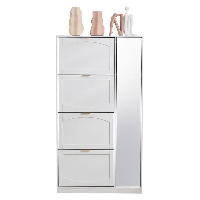SONNENH Schuhschrank, Spanplatte, 80 x 24 cm, Weiß -  - Weißer Schuhschrank mit vier Kippfächern und einem Ganzkörperspiegel. Mit schlanken goldfarbenen Griffen.