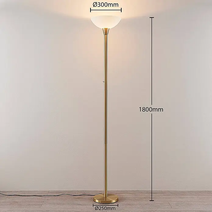 Lindby Stehlampe / Deckenfluter Metall Glas, Standleuchte Messing matt -  - Goldfarbene Stehleuchte mit weißem Glasschirm, 1800 mm hoch, 300 mm Schirm-Ø, 250 mm Fuß-Ø.