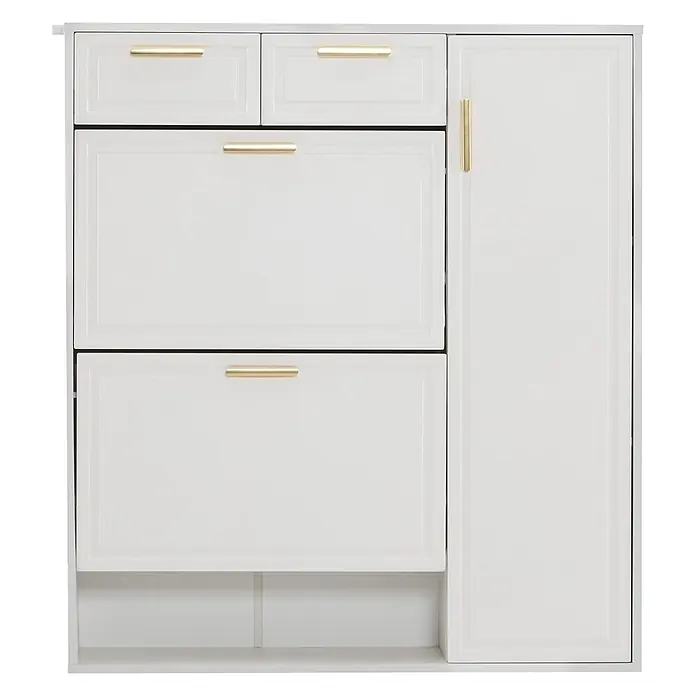 SONNENH Schuhschrank, Spanplatte, 95 x 24 cm, Weiß -  - Weißer Schuhschrank mit goldfarbenen Griffen, zwei oberen Schubladen, zwei Kippfächern und einem hohen Seitenschrank.