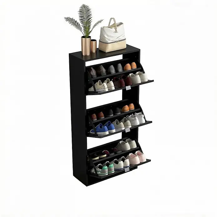 SONNENH Schuhschrank, MDF, 60 x 26 cm, Schwarz -  - Schwarzer Schuhschrank mit drei Kippfächern, gefüllt mit Schuhen. Eine Pflanze und Handtasche stehen oben.