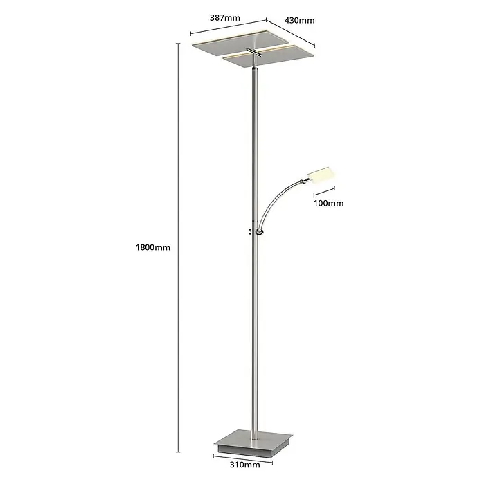 Lucande LED Deckenfluter in nickel satiniert, dimmbar Stehlampe Wohnzimmer -  - Silberne Stehleuchte aus gebürstetem Metall, 1800mm hoch, mit Deckenfluter und verstellbarer Leselampe.