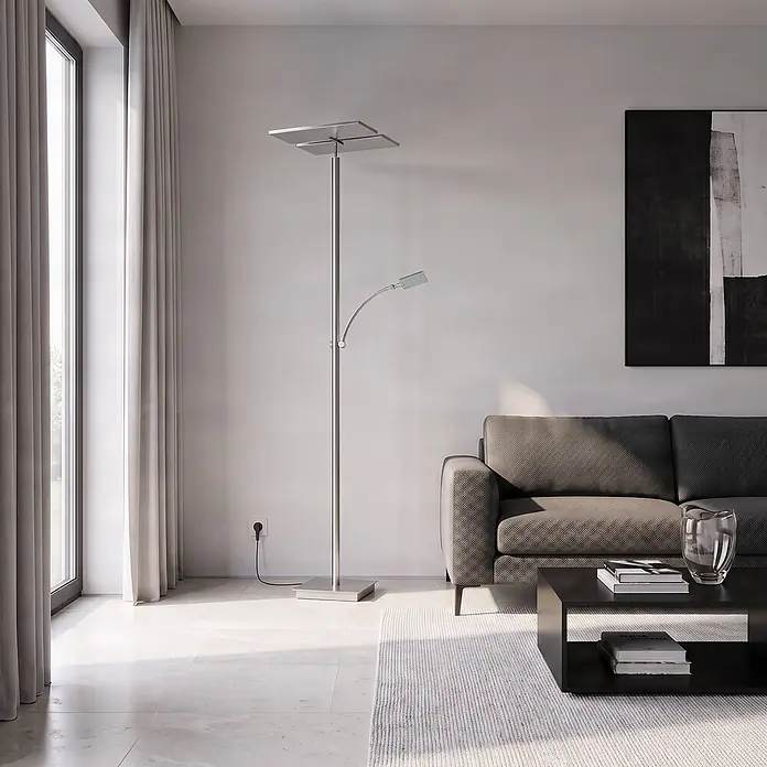 Lucande LED Deckenfluter in nickel satiniert, dimmbar Stehlampe Wohnzimmer -  - Gebürstete Metall-LED-Stehlampe mit Deckenfluter und Lese-Arm in einem modernen Wohnzimmer.