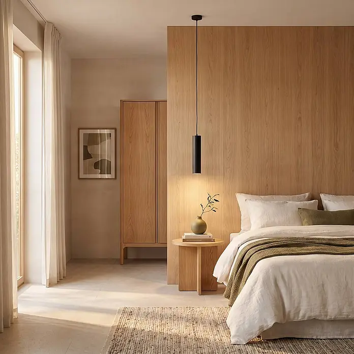 PRIOS Pendelleuchte in schwarz, Hängelampe -  - Schwarze zylindrische Pendelleuchte beleuchtet ein modernes Schlafzimmer mit Holzverkleidung und Bett.