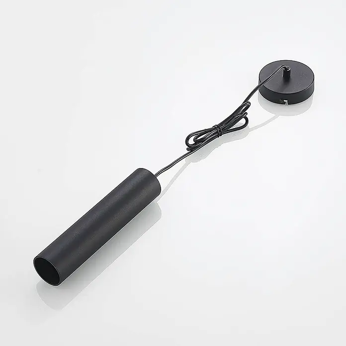 PRIOS Pendelleuchte in schwarz, Hängelampe -  - Schwarzes zylindrisches Pendelleuchtenbauteil mit runder Basis, verbunden durch ein Kabel.
