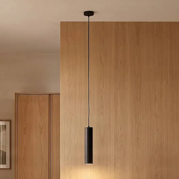 PRIOS Pendelleuchte in schwarz, Hängelampe -  - Schwarze zylindrische Pendelleuchte beleuchtet eine Holzwand.