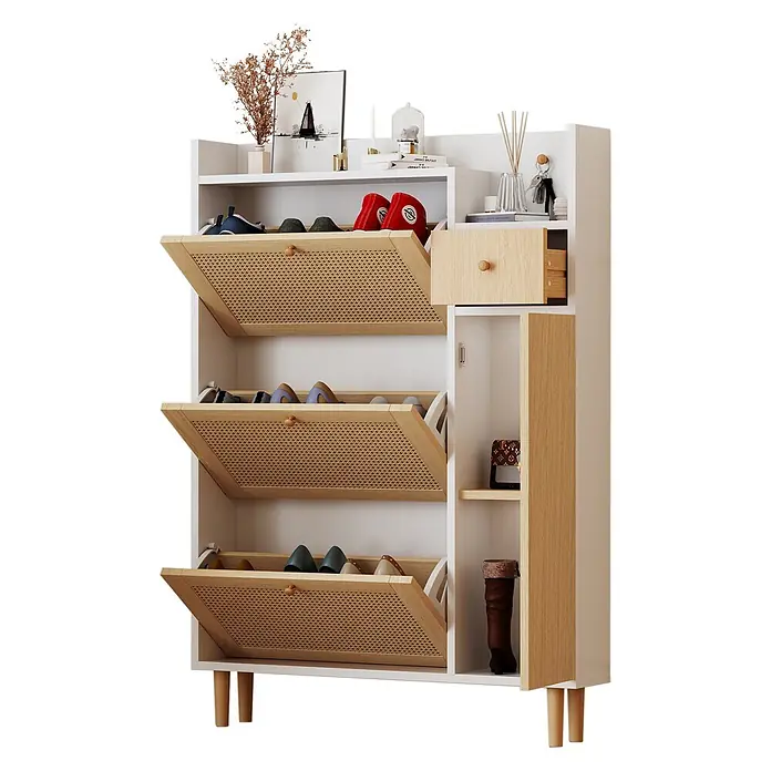 SONNENH Schuhschrank, MDF, 90 x 17 cm, Natur/Weiß -  - Weißer Schuhschrank mit hellen Holz- und Rattan-Kippfächern, einer Schublade und offenen Regalen.