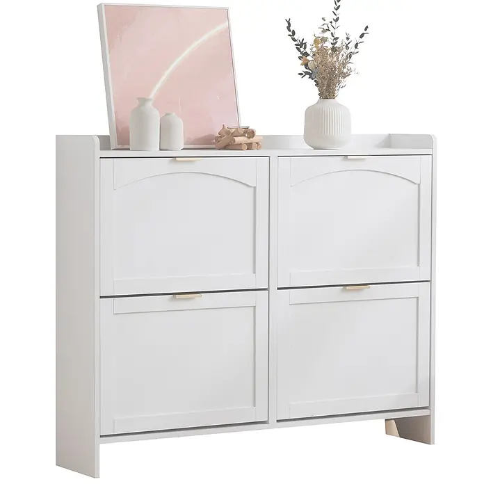 SONNENH Schuhschrank, Spanplatte, 110 x 24 cm, Weiß -  - Weißer Schuhschrank mit 4 Kipptüren und goldenen Griffen, mit flacher Oberseite und erhöhten Kanten.