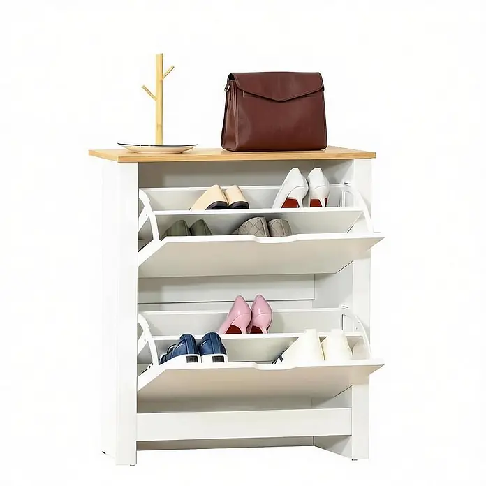 SONNENH Schuhschrank, Spanplatte, 72 x 26 cm -  - Weißer Schuhschrank mit heller Holzplatte und mehreren kippbaren Fächern für Schuhe.