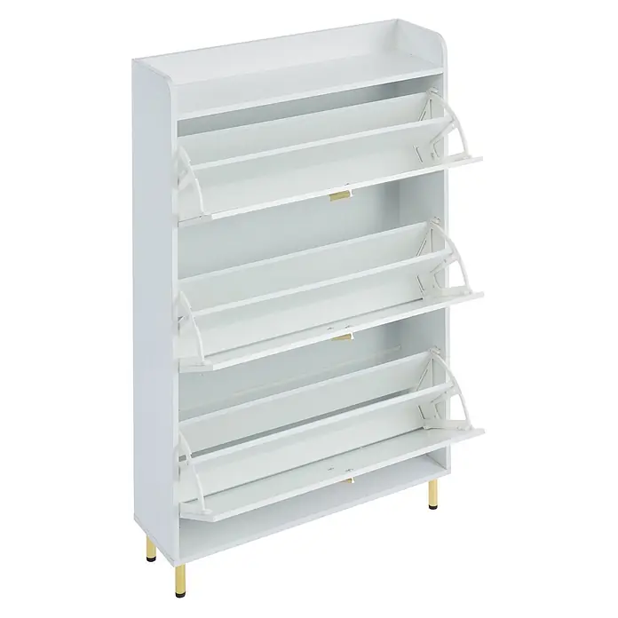 SONNENH Schuhschrank, MDF, 80 x 23.5 cm, Weiß -  - Weißer Holzschuhschrank mit vier Kippfächern und goldfarbenen Beinen.