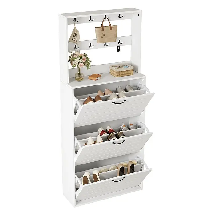SONNENH Schuhschrank, Spanplatte, 70 x 25 cm, Weiß -  - Weißer Schuhschrank mit Garderobe. Verfügt über Haken, eine Ablage und drei kippbare Schubladen voller Schuhe.