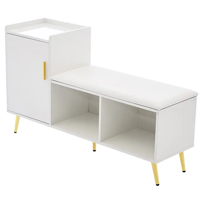 SONNENH Schuhschrank, Spanplatte, 120 x 35 cm, Weiß -  - Weiße Garderobenbank mit gepolstertem Sitz, Schrank mit goldenem Griff und offenen Schuhfächern, auf goldfarbenen Beinen.