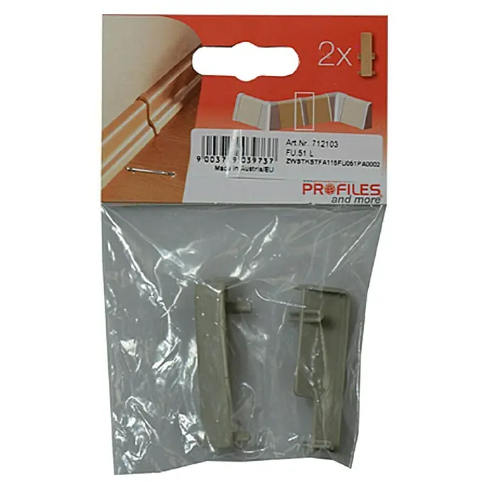 Profiles and more Übergangskappe FU51L/KU51L - Grau, 2 Stk. - Eine Packung mit zwei hellbraunen Abschlussprofilen für Fußleisten, ideal für saubere Übergänge und Abschlüsse.