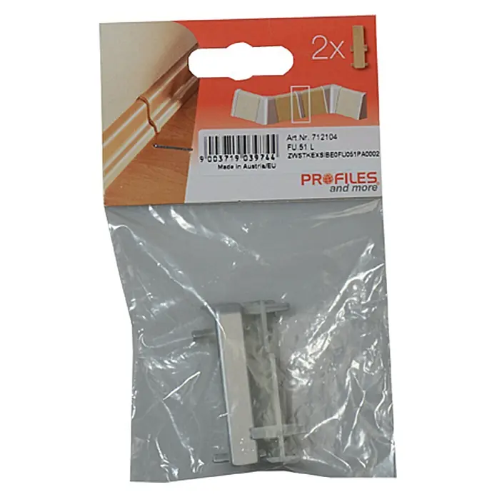Profiles and more Übergangskappe FU51L/KU51L - Silber, 2 Stk. - Verpackung mit zwei weißen PROFILES Sockelleisten-Eckverbindungen aus Kunststoff, ideal für saubere Übergänge.