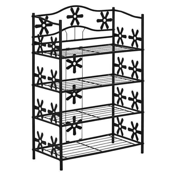 SONNENH Metallregal, Metall, 595 x 30 cm, Schwarz -  - Schwarzes Metall-Schuhregal mit dekorativen Blütenausschnitten und mehreren Drahtablagen.