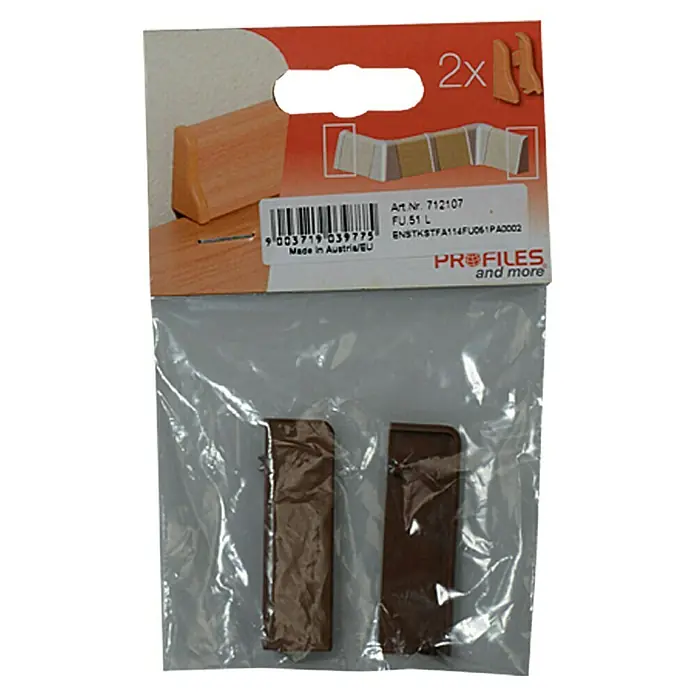 Profiles and more Endkappe FU51L/KU51L - Braun, 2 Stk. - Verpackung mit zwei braunen Fußleisten-Ecken, geeignet für Laminat- und Parkettböden, zur sauberen Abdeckung von Stoßkanten.