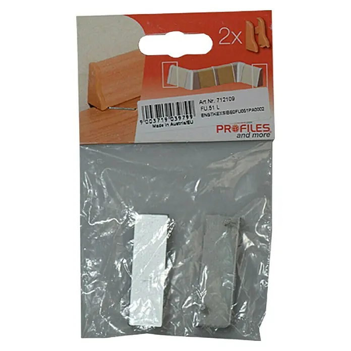 Profiles and more Endkappe FU51L/KU51L - Silber, 2 Stk. - Eine Packung Profile-Endstücke, 2 Stück, in einer durchsichtigen Plastikverpackung mit orangefarbenem Kartonetikett.