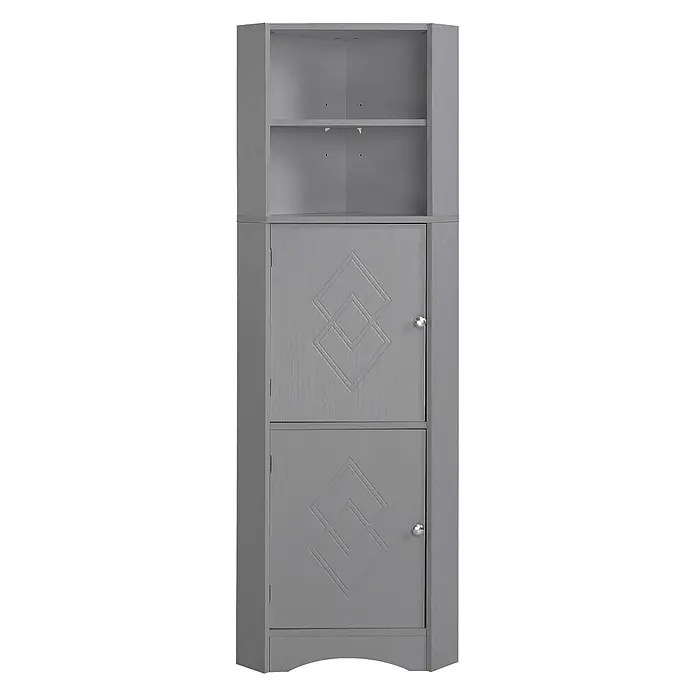 SONNENH Holz-Mehrzweckschrank, Spanplatte, 36.5 x 36.5 cm, Grau -  - Graues Eckregal mit offenen Fächern und zwei geschlossenen Schränken mit geometrischen Türmustern und silbernen Knöpfen.