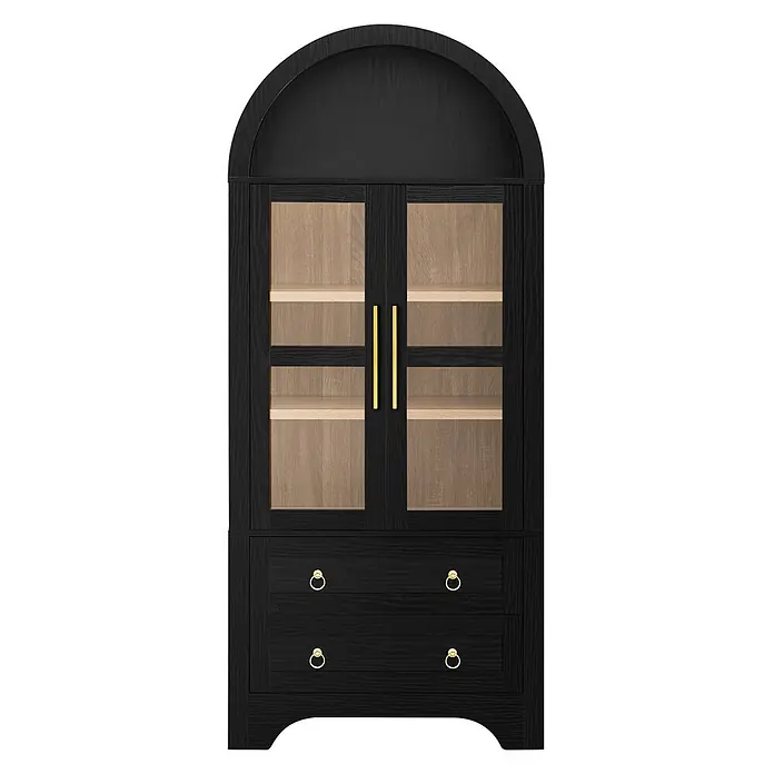 SONNENH Holz-Mehrzweckschrank, MDF und Glas, 76.2 x 40 cm, Schwarz -  - Schwarzer gewölbter Vitrinenschrank mit Glastüren, sichtbaren Regalen und zwei Schubladen mit goldfarbenen Griffen.